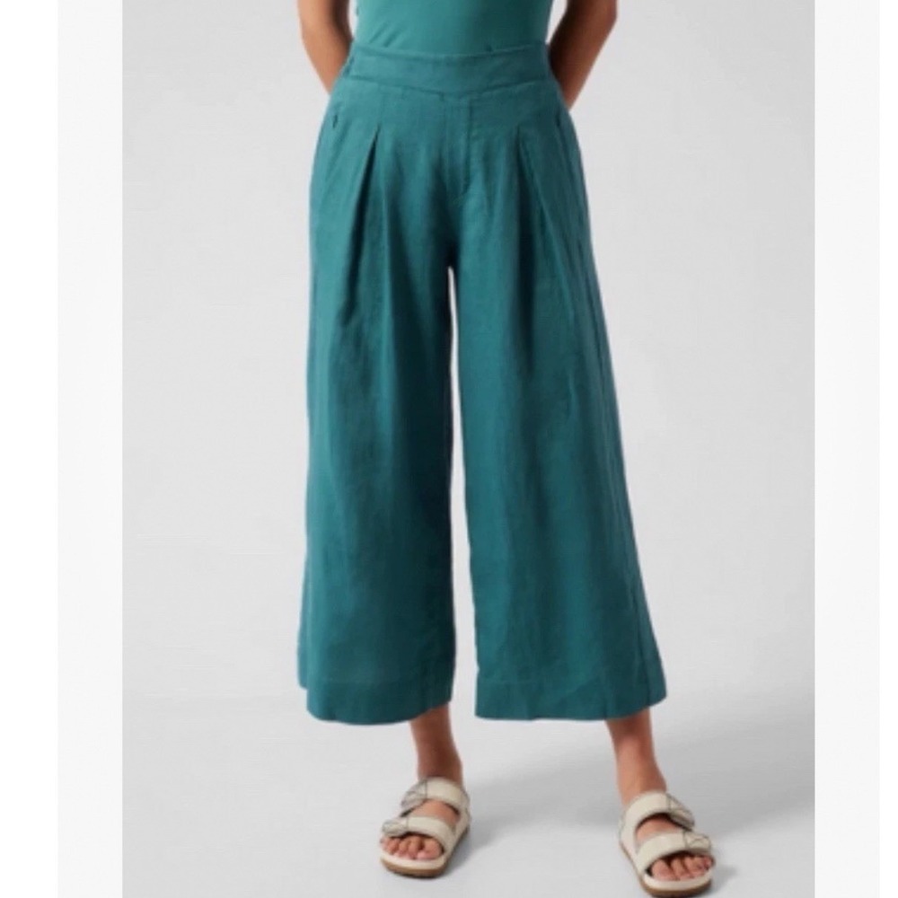 Athleta Playa Linen Wide Crop Pants Teal Blue Women's 10P High Rise Culotte